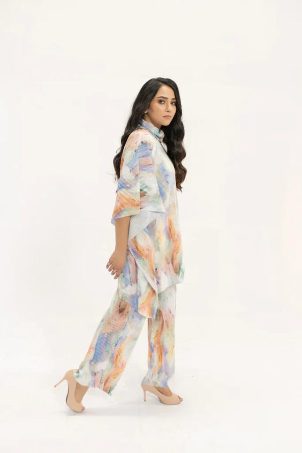 Spring Summer 24 - Nazik Blue  Pink Wasted Poncho Pleated Suit Hot on Sale