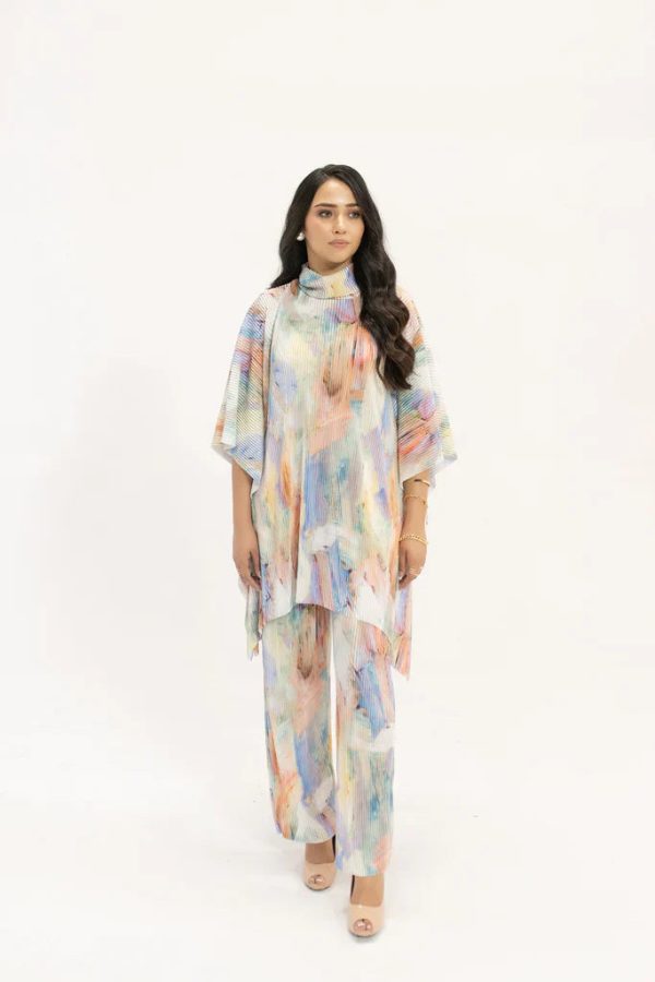 Spring Summer 24 - Nazik Blue  Pink Wasted Poncho Pleated Suit Hot on Sale