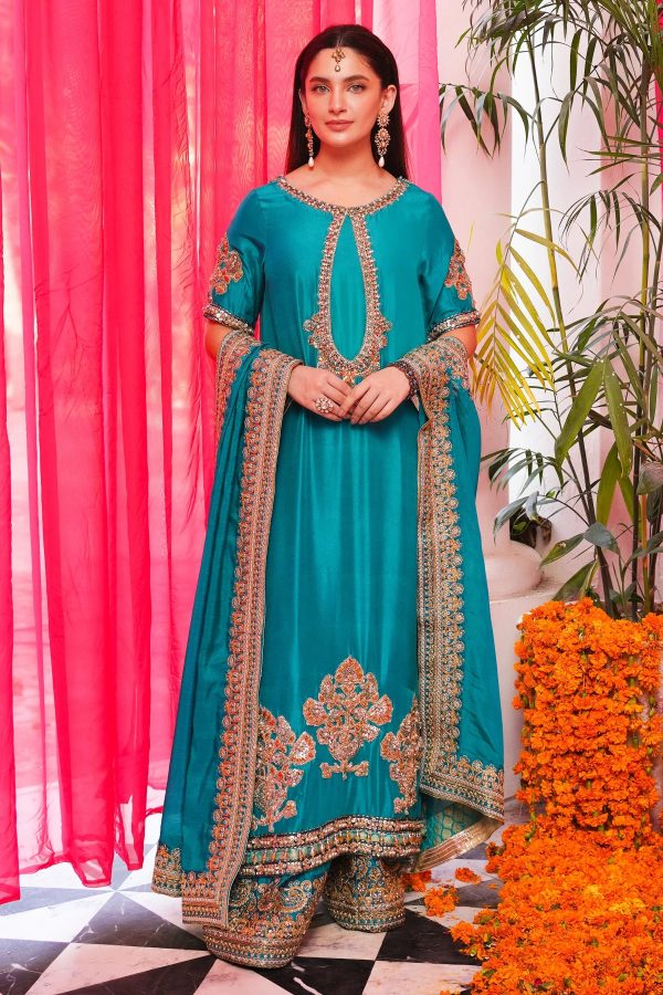 Ronaq 23 - Classic Turquoise And Gold Long Kameez Set (D-06) Hot on Sale