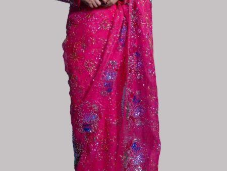 Luxe Edit  24 - Camellia Pink Embellished Organza Sari For Sale