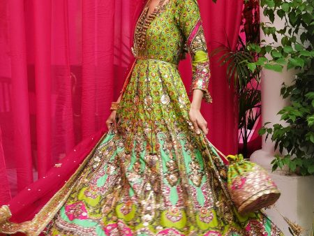 Ronaq 23 - Parrot Green And Hot Pink Mehndi Peshwas Set (D-09) For Discount